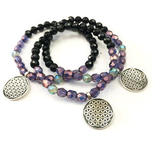 Flower of Life Stacking Bracelet- Onyx/Amethyst Purple