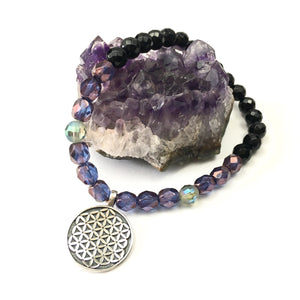 Flower of Life Stacking Bracelet- Onyx/Amethyst Purple