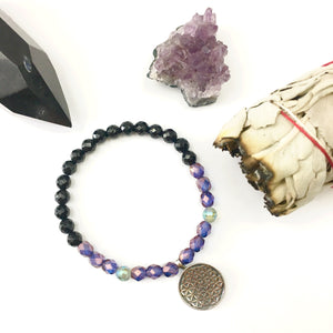 Flower of Life Stacking Bracelet- Onyx/Amethyst Purple
